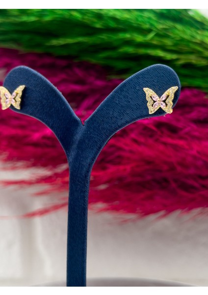 925 Ayar Gümüş Özel Tasarım Gold Renk Kelebek Modeli Trend Kadın Küpe