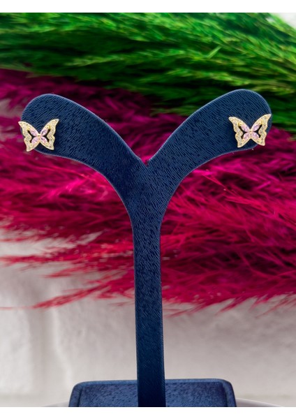 925 Ayar Gümüş Özel Tasarım Gold Renk Kelebek Modeli Trend Kadın Küpe modelleri