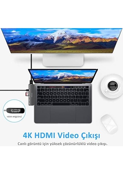 Type-C USB | HDMI Dönüştürücü 4K | USB Çoklayıcı Hub | Transferi Destekli | Usb-C Çevirici |, Laptop Uyumlu Gri modelleri