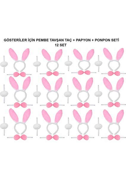 Pembe Tavşan Kostüm Seti – Taç, Papyon, Ponpon (12’li Paket)