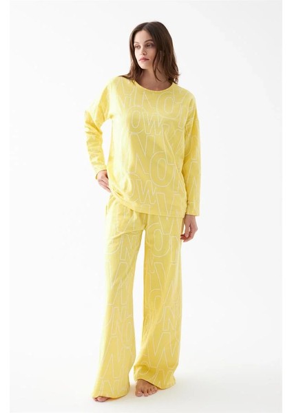 Kadın Oversize Sarı Desenli Pamuklu Kalın Pijama Takımı