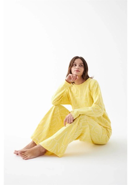 Kadın Oversize Sarı Desenli Pamuklu Kalın Pijama Takımı fırsatları