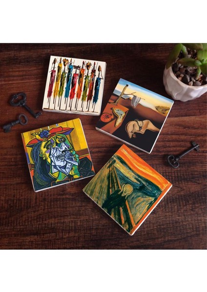 Salvador Dalí Belleğin Azmi, Ağlayan Kadın, Çığlık, Yerli Kadınlar Taş Altlığı Seti - 4 Parça - Dekoratif, Mutfak Aksesuarı, 10X10 Cm, Kaydırmaz Tabanlı SC323