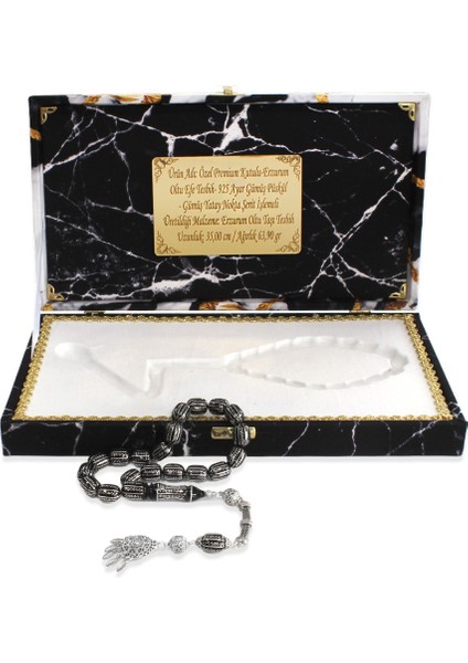 Premium Kutulu - Erzurum Oltu Efe Tesbih - 925 Ayar Gümüş Püskül - Gümüş Yatay Nokta Şerit Işlemeli