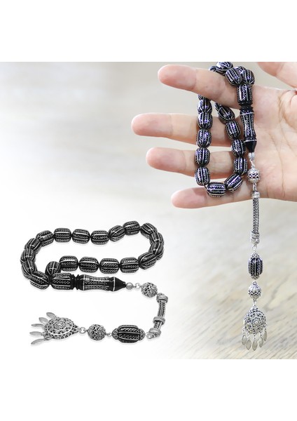 Premium Kutulu - Erzurum Oltu Efe Tesbih - 925 Ayar Gümüş Püskül - Gümüş Yatay Nokta Şerit Işlemeli fırsatları