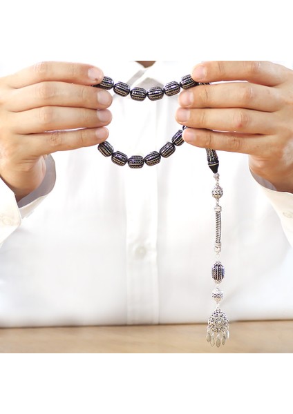 Premium Kutulu - Erzurum Oltu Efe Tesbih - 925 Ayar Gümüş Püskül - Gümüş Yatay Nokta Şerit Işlemeli indirimleri