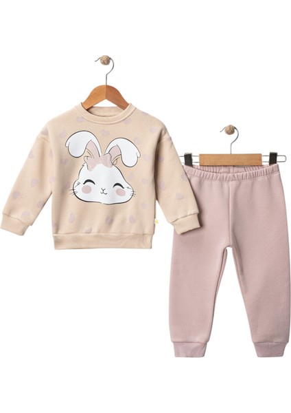 Kız Çocuk Kalpli Tavşan Baskılı 3 Iplik Şardonlu Kalın Kışlık Eşofman Takımı 2-5 Yaş