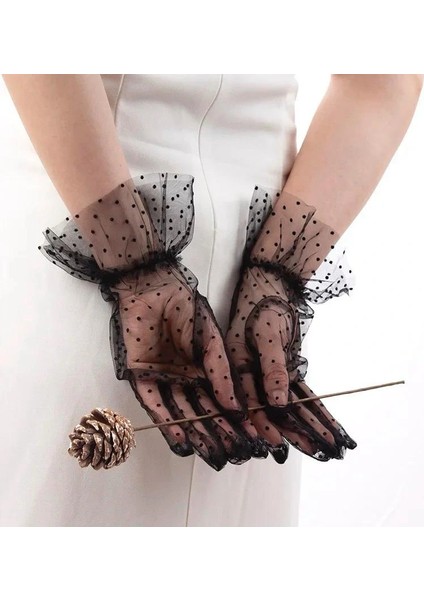 Kısa Boy Güpürlü Siyah Puantiyeli Tül Eldiven Siyah Renk indirimleri