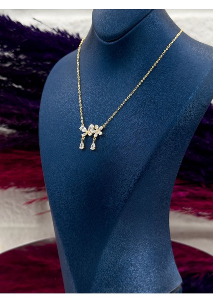 925 Ayar Gümüş Damla Taşlı Gold Renk Lotus Modeli Zarif Kadın Kolye