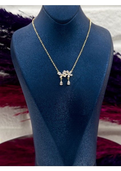 925 Ayar Gümüş Damla Taşlı Gold Renk Lotus Modeli Zarif Kadın Kolye fiyatları