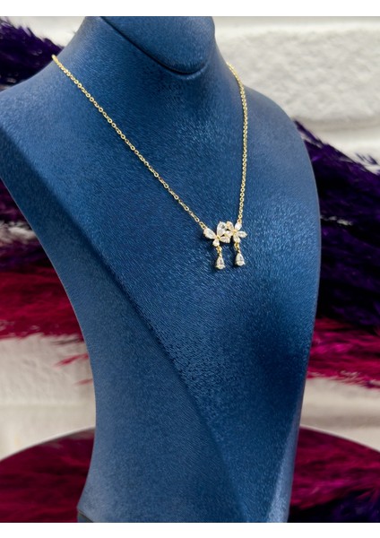 925 Ayar Gümüş Damla Taşlı Gold Renk Lotus Modeli Zarif Kadın Kolye modelleri
