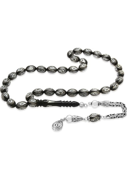 Erzurum Oltu Taşı Tesbih - 925 Ayar Gümüş Kral Püsküllü - Gümüş Işlemeli Mine Dolgulu - Arpa Kesim