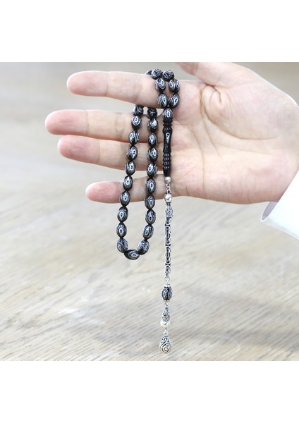 Erzurum Oltu Taşı Tesbih - 925 Ayar Gümüş Kral Püsküllü - Gümüş Işlemeli Mine Dolgulu - Arpa Kesim modelleri