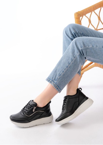 F-207 Siyah Bağcıklı Fermuarlı Taş Aksesuarlı Mevsimlik Spor Ayakkabı