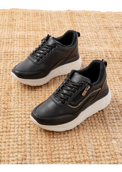 F-207 Siyah Bağcıklı Fermuarlı Taş Aksesuarlı Mevsimlik Spor Ayakkabı modelleri