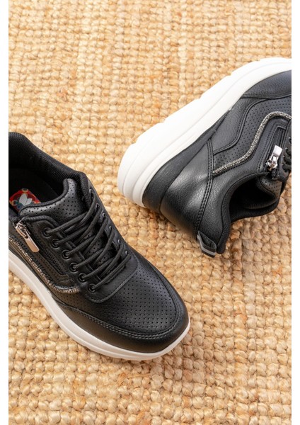 F-207 Siyah Bağcıklı Fermuarlı Taş Aksesuarlı Mevsimlik Spor Ayakkabı fırsatları