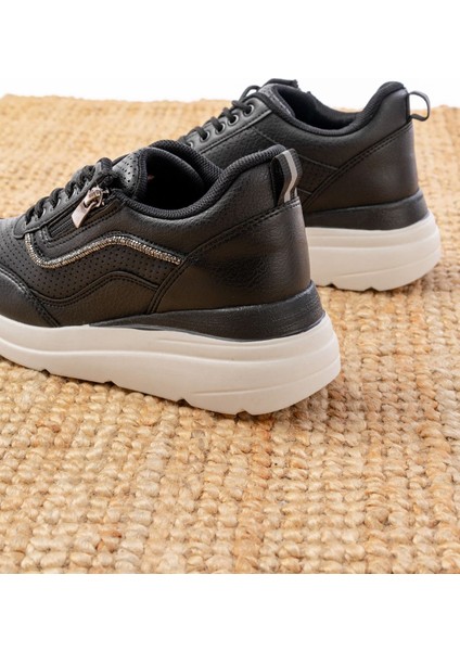 F-207 Siyah Bağcıklı Fermuarlı Taş Aksesuarlı Mevsimlik Spor Ayakkabı indirimleri
