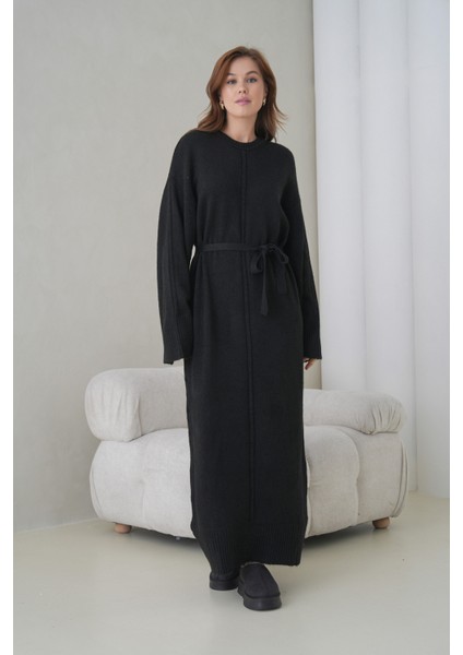 Kadın Uzun Kol Bisiklet Yaka Tesettüre Uygun Dokulu Kuşaklı Triko Spor Şık Maxi Boy Uzun Elbise indirimleri