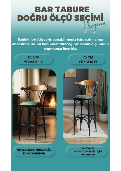 169/65 Özel Üretim Bar Taburesi / Sandalyesi – 65 cm Yükseklik Yeşil Deri, Ahşap Sırt, Metal Ayak indirimleri