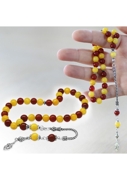 925 Ayar Gümüş Foxtail Zincir Püsküllü Küre Kesim Sarı Kırmızı Jade Akik Doğaltaş Taraftar Tesbih fiyatları