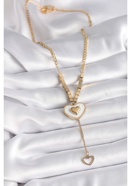 316L Çelik Gold Renk Beyaz Sedefli Kalp Model Sallantı Detay Kadın Kolye - Lisinya fiyatları