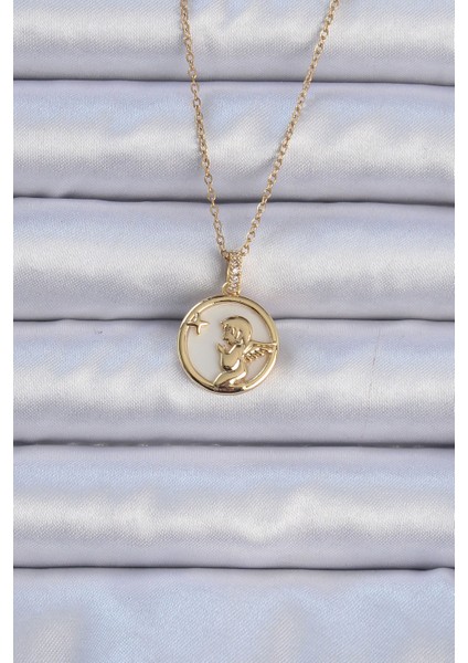 316L Çelik Zincir Altın Renk Zirkon Taşlı Mineli Melek Kolye - Lisinya