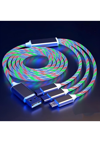 3&apos;ü 1 Arada Rgb Işıklı Şarj Kablosu — Uyumlu Lightning, Type-C ve Micro USB Bağlantılı — Çoklu Cihaz Şarj Kablosu, 1.2 Metre, LED Işıklı, Estetik ve Pratik Kullanım