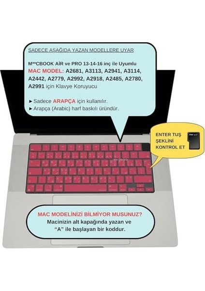 MacBook Klavye Koruyucu Arapça Baskılı Uk-Ters L Enter Tipi Air 13,6-15,3inç- Pro 14,2-16,2inç M1-M2-M3-M4 Pro Max Uyumlu, Silikon Klavye Filmi, Ultra Ince Hafif Yıkanabilir Açık Pembe modelleri