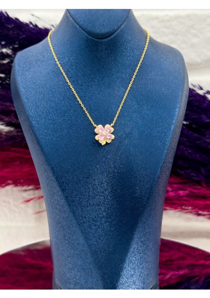 925 Ayar Gümüş Pembe Kuvars Taşlı Yonca Modeli Trend Kadın Kolye fiyatları