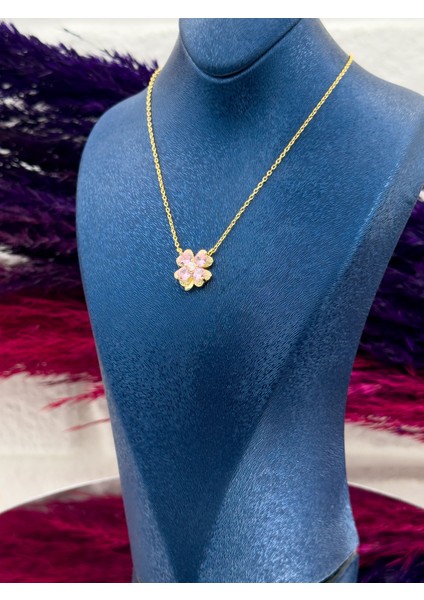 925 Ayar Gümüş Pembe Kuvars Taşlı Yonca Modeli Trend Kadın Kolye modelleri