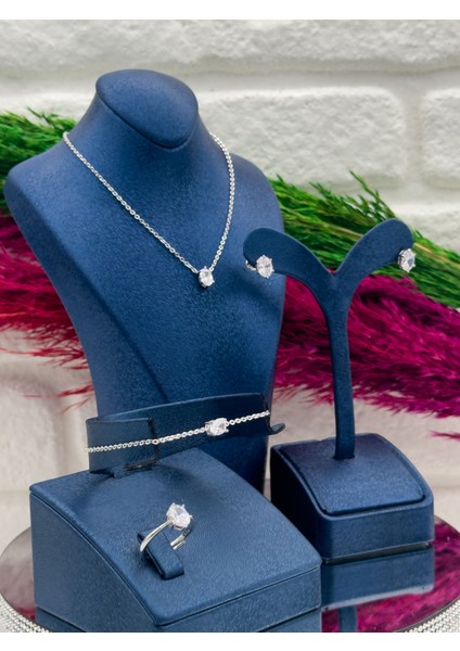 925 Ayar Gümüş Zirkon Taşlı Oval Model 4’lü Popüler Kadın Takı Seti