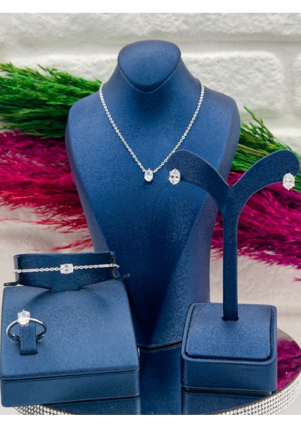 925 Ayar Gümüş Zirkon Taşlı Oval Model 4’lü Popüler Kadın Takı Seti fiyatları