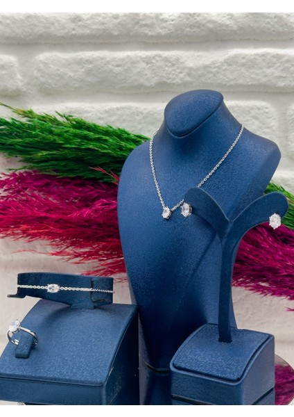 925 Ayar Gümüş Zirkon Taşlı Oval Model 4’lü Popüler Kadın Takı Seti modelleri