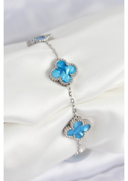 316L Çelik Sedefli Gökyüzü Mavisi Gümüş Renk Yonca Kadın Bileklik - Lisinya