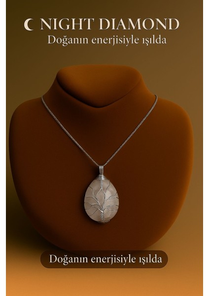 Kadın Kolye Pembe Kuvars Doğal Taş Zincirli Kolye