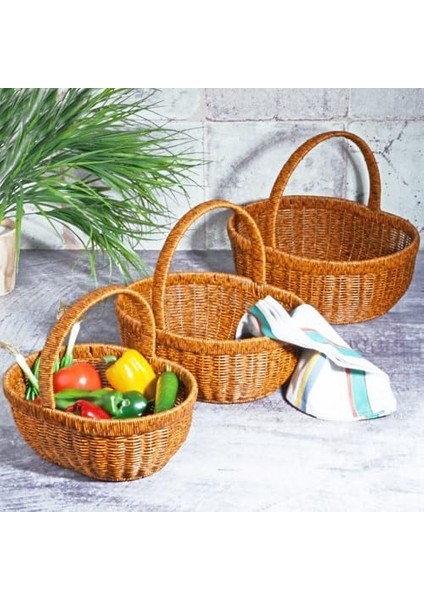 Wicker 3&apos;lü Kulplu Hasır Sepet Seti