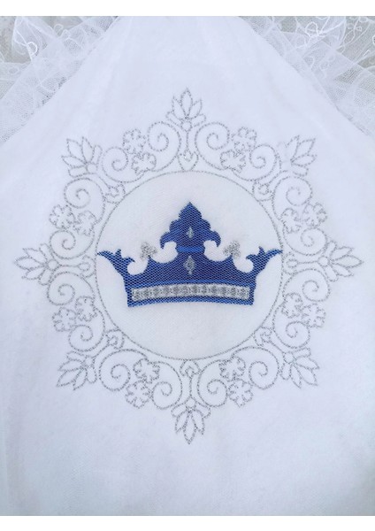 Yenidoğan Saray Kadife Taç Nakışlı Inci Fiyonklu Çift Dantel Duvak Trilüks Kundak Bebek Battaniyesi Lacivert fırsatları