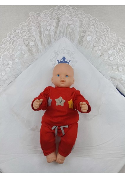 Yenidoğan Saray Kadife Taç Nakışlı Inci Fiyonklu Çift Dantel Duvak Trilüks Kundak Bebek Battaniyesi Lacivert indirimleri