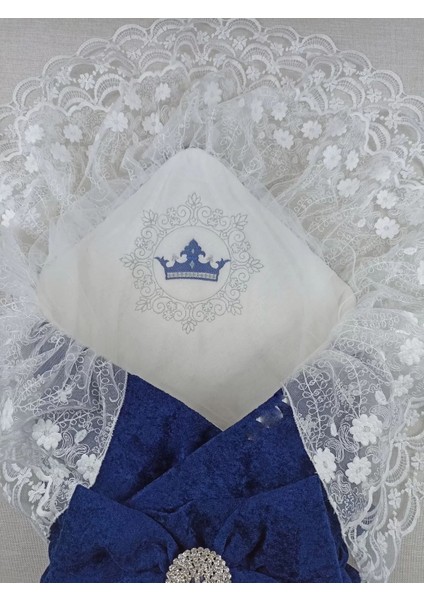 Yenidoğan Saray Kadife Taç Nakışlı Inci Fiyonklu Çift Dantel Duvak Trilüks Kundak Bebek Battaniyesi Lacivert