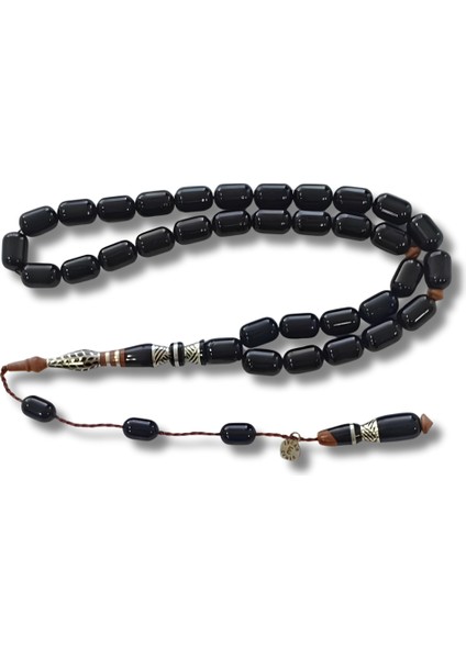 925 Ayar Gümüş Nakkaş Imameli Sistemli Oltu Taşı Tesbih Kuka Ağacı Dolgulu Uçlu Kapsül Kesim