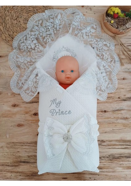 Yenidoğan Pamuk Taç Benim Prensim Nakışlı Trilüks Kundak Bebek Battaniyesi Ekru fiyatları