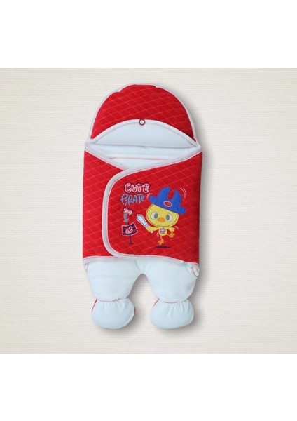 Yenidoğan Cesur Şovalye Civciv Nakışlı Şapkalı Erkek Ayaklı Kundak Bebek Battaniyesi Kırmızı