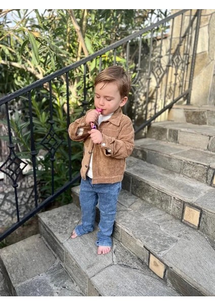 3-4-5 Yaş Fitilli Kadife Ceket Kot Pantolonlu 3lü Kız Erkek Çocuk Takımı Kiremit modelleri