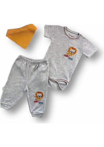 3-6 6-9 9-12 Ay Yavru Aslan Nakışlı Bandajlı Kısa Kollu Zıbınlı 3lü Erkek Bebek Takımı Gri