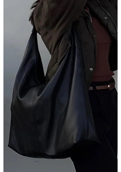 Büyük Boy Siyah Salaş Suni Deri Kadın El Kol Omuz Çantası