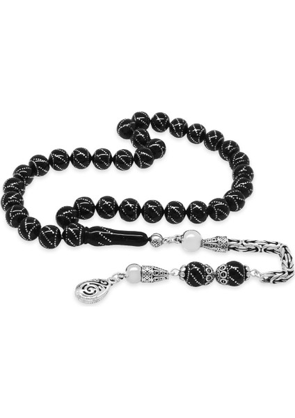 925 Ayar Gümüş Kral Zincir Püsküllü Gümüş Yanburgu Işlemeli Erzurum Oltu Taşı Tesbih