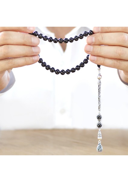 925 Ayar Gümüş Kral Zincir Püsküllü Gümüş Yanburgu Işlemeli Erzurum Oltu Taşı Tesbih fırsatları