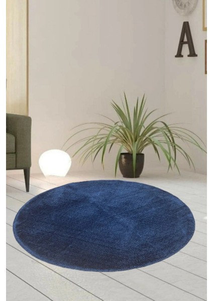 Cloudy Mavi Yuvarlak Overlok Peluş Halı Yumuşacık Yıkanabilir Kaymaz Taban Halı Salon Oturma