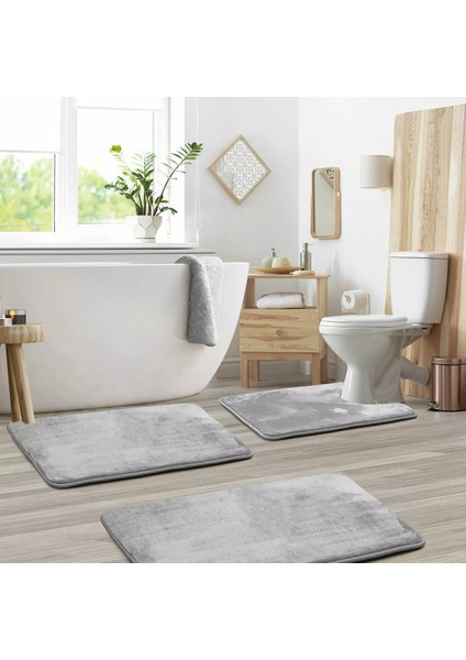 3'lü Banyo Paspas Seti Klozet Önü Peluş Yumuşacık Yıkanabilir Açık Gri (50X80-40X60-40X50)