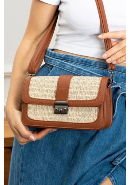 Deri Detaylı Hasır Görünümlü Tokalı Kadın El ve Omuz Çantası